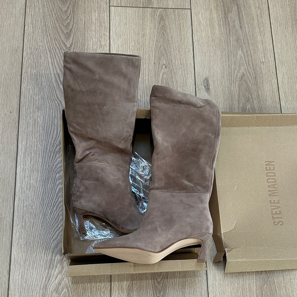 Steve Madden Taupe Suede Pointed-Toe Mid-Calf Heeled Boots